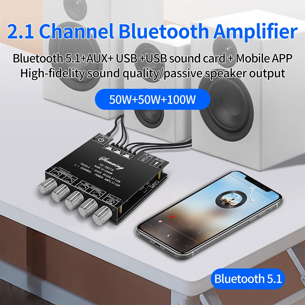 

Усилитель PCB Digital 50Wx2 100W AUX 2 1 Channel Stereo Multi Port нагрев рассеивания, управление через приложение, модуль платы усилителя