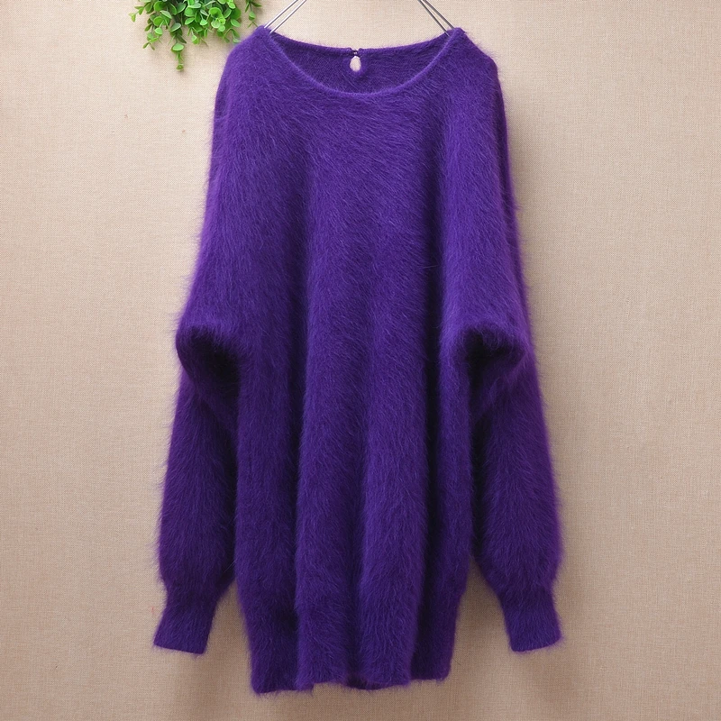 

female women autumn winter clothing purple hairy mink cashmere knitted long batwing sleeve slim pullover blouses angora fur coat