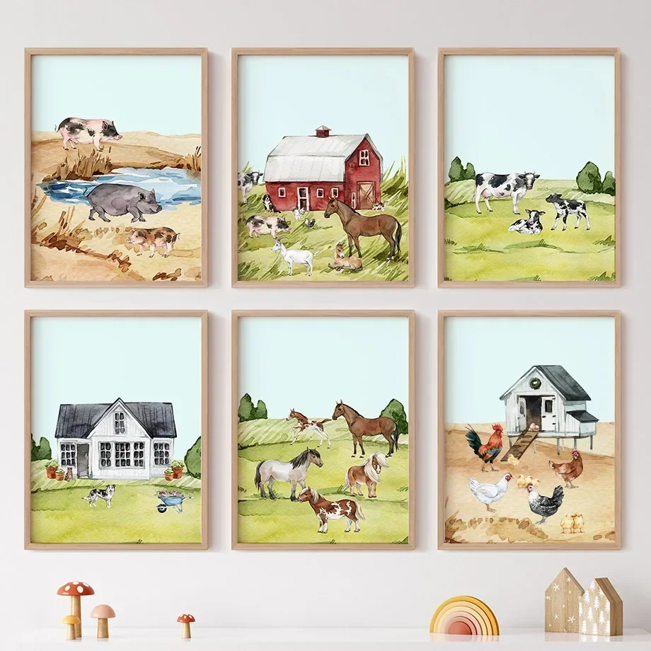 

Настенная картина для детской комнаты с рисунком лошадей, крупного рогатого скота, овец, свиней, фермы, животных, скандинавские постеры и принты, декор для детской комнаты