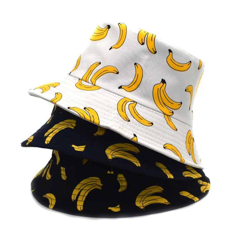 

New Panama Bucket Hat Men Women Bucket Cap Banana Print Yellow Hat Bob Hat Hip Hop Fishing Fisherman Hat Double Side Wear