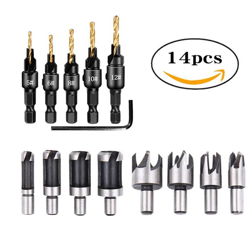 

14pcs Countersink Drill Bits Wood Plug Cutter Claw Cork Puncher Chamfer Cutter Quick Change Shank Countersink Tapered Drill Bits
