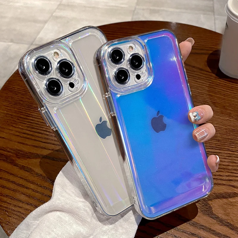 

Transparent Rainbow Laser Love Heart Phone Case For iPhone 13 11 12 Pro Max XS Max XR X 7 8 Plus Soft Clear Acrylic Cover Funda