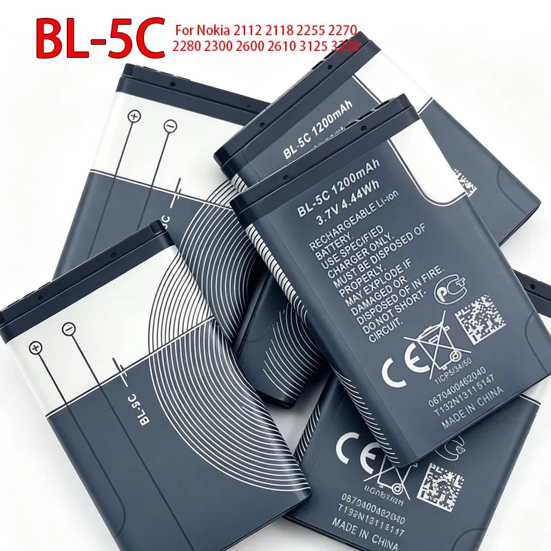 Фото Аккумулятор BL-5C 1200 мАч 3.7В, перезаряжаемые батареи BL 5C для Nokia 2112, 2118, 2255, 2270, 2280, 2300, 2600, 2610, 3125, 3230 №1