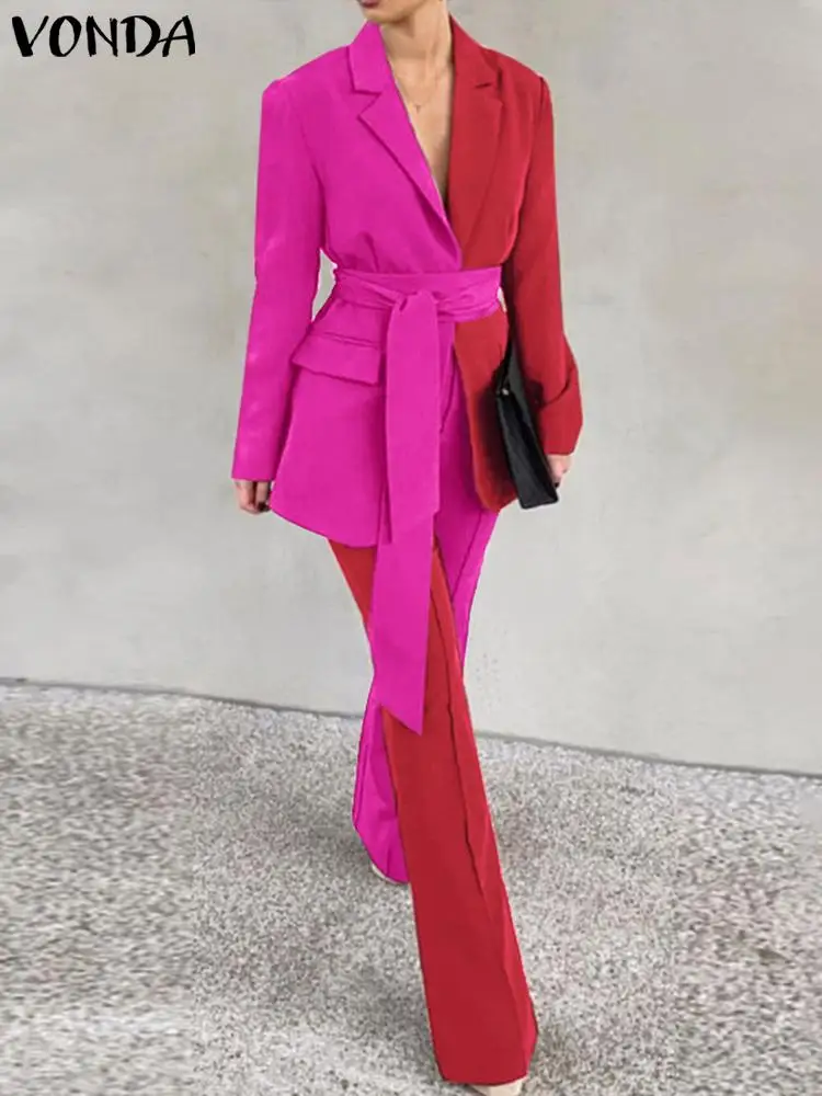 

VONDA 2022 Lady Lapel Belted Jacket Formal Turnip Suit Long Sleeve Office Pant Set Polyeser Color Patchwork Long Trouser Suit 4#