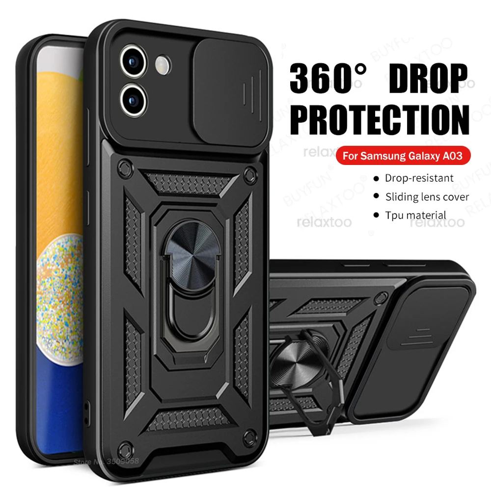 Push Pull Camera Protect Case For Samsung Galaxy A03 Car Magnetic Holder Ring Armor Cover Samsun A03S A 03 Core Shockproof Coque