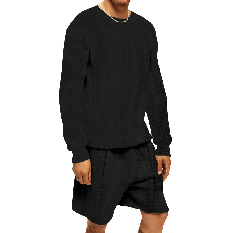 New Men's Summer Suit High quality waffle O Neck Short Sleeve Shorts Street Set Casual Sports Apparel fitness Set