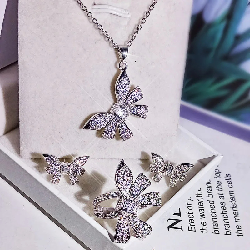 

925 Silver Ladies Set Ornaments Unique Bow Earrings Ring Necklace Set AAAA Senior Zircon Ladies Set Jewelry party birthday gift