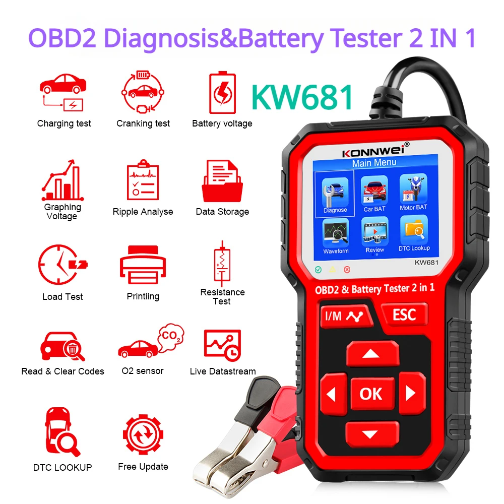 Автомобильный тестер аккумулятора KONNWEI KW681, 6 в, 12 В, Obd 2, автомобильный диагностический инструмент 2 в 1, диагностика автомобиля CCA 2000, Obd2 сканер A +++