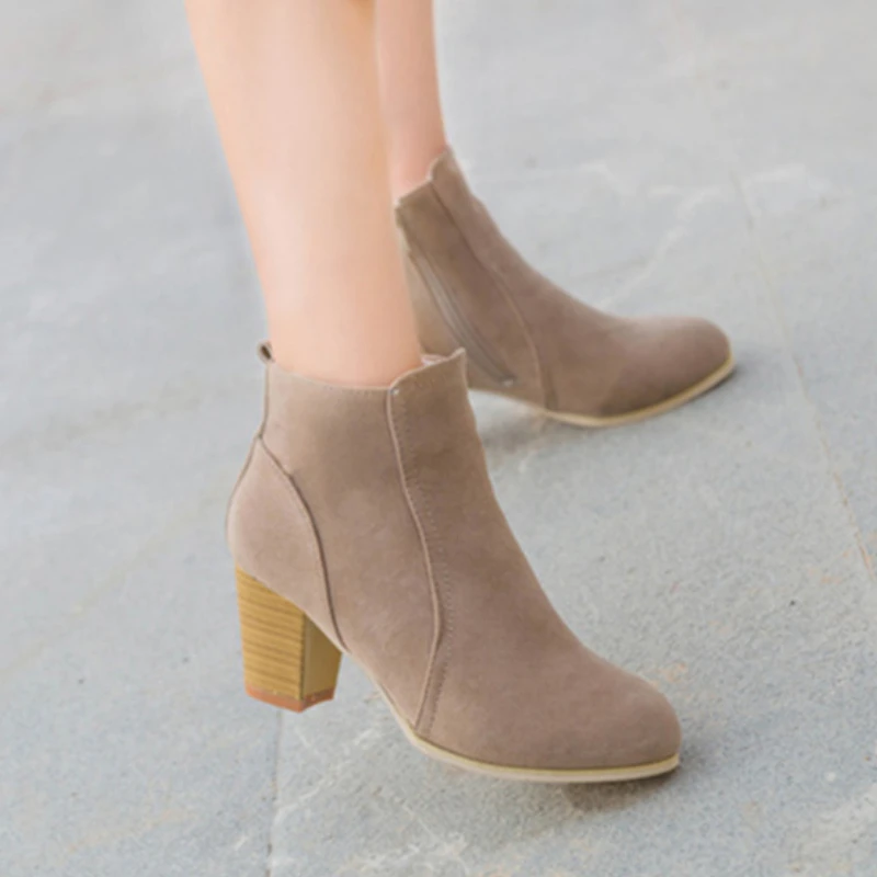 

Women Ankle Boots Solid Suede High Heels Ladies Boots Square Heel Pointed Toe Slip On Fashion Female Shoes Autumn Footwear 2022