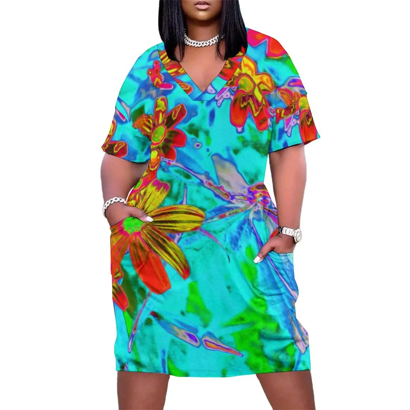 Yellow And Orange Flower Dress Plus Size Abstract Tropical Print Aesthetic Casual Dress Women V Neck Kawaii Dresses Gift Idea