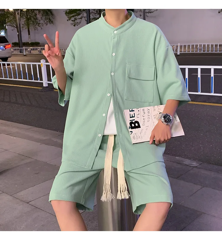 Men Clothing 2023 Summer Loose Casual Ice Silky Drape Men's Sets Simple All Match Single Breasted Shirt + Shorts High Quality