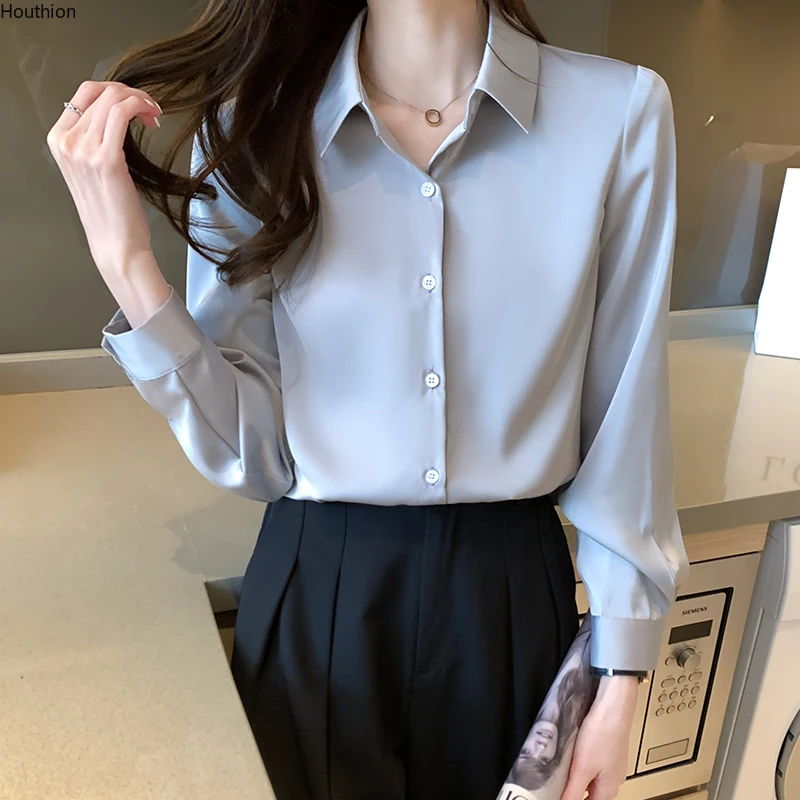 

Блузка женская с длинным рукавом, модный топ, Повседневная рубашка-поло, однотонная одежда с воротником, весна-лето