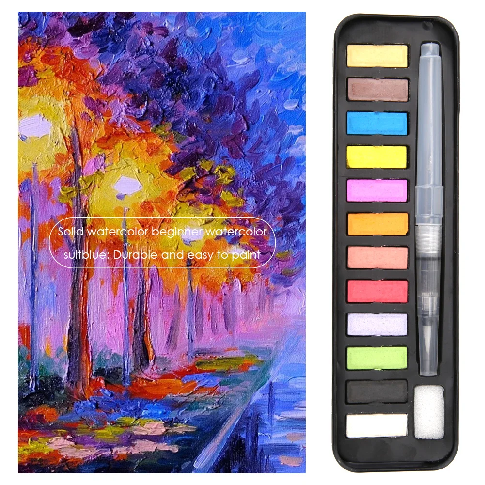 

12/18/24 Colors Solid Watercolor Paint Set with Pens Absorbent Sponge Durable Pigment Student Art Drawing Supplies