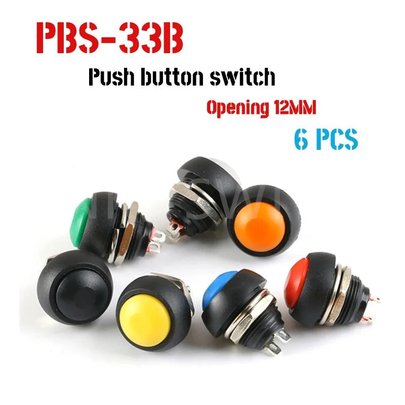 

6Pcs PBS-33b 2Pin Mini Switch 12mm 12V 1A Waterproof momentary Push button Switch since the reset Non-locking