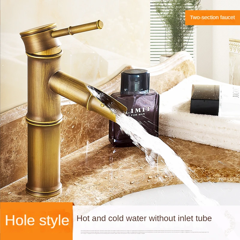 

All copper European antique faucet Vintage bamboo single cold basin faucet Art pot countertop basin hot and cold faucet