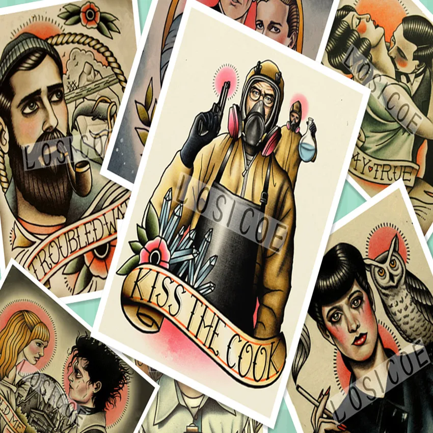 

Vintage Hairdresser Tattoos Patterned Posters Kraft paper Interior Painting Restoring Wall Sticker Barber shop Home Decoration F