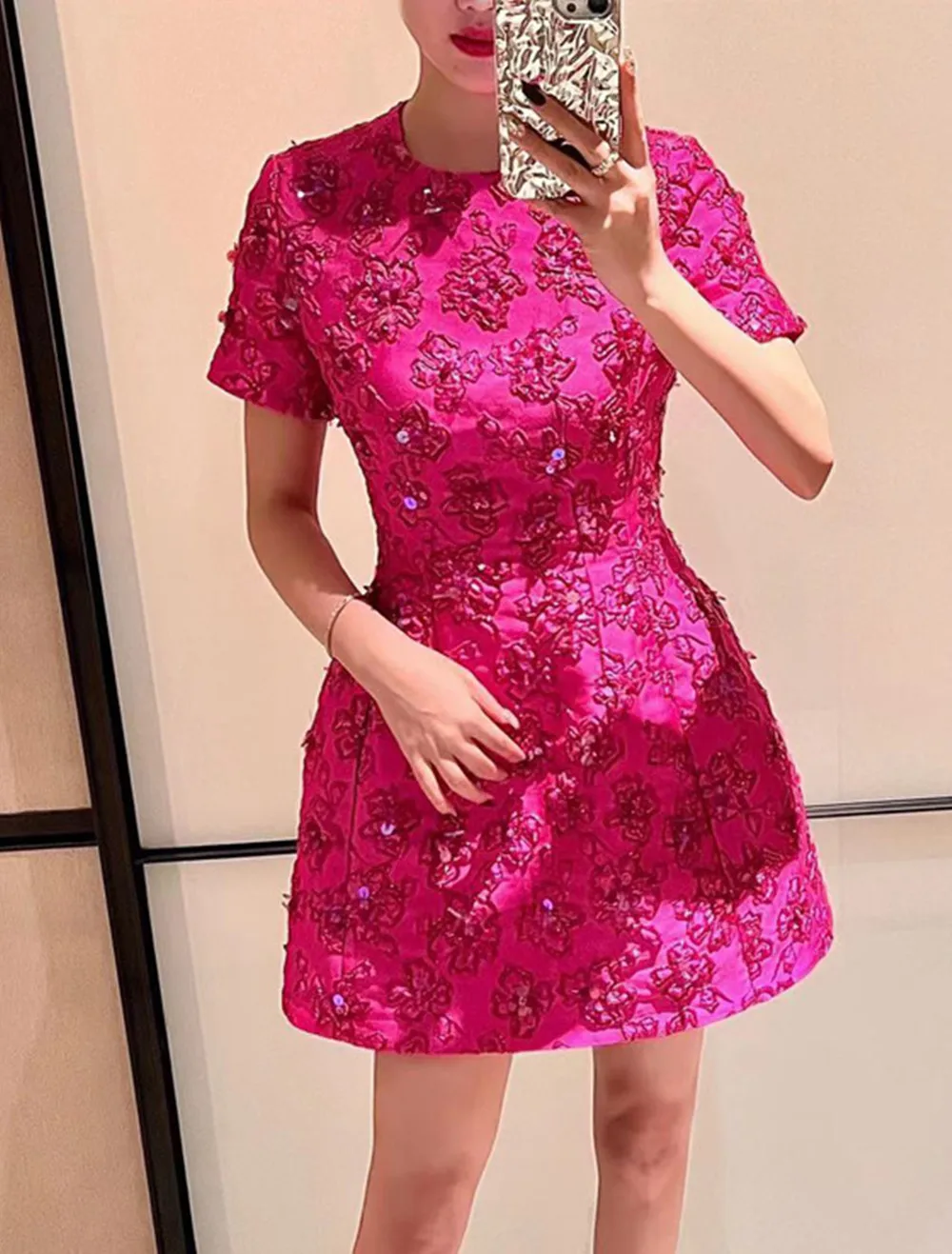 

2023 Summer New Fashion Rose Pink Series Jacquard Heavy Work Beaded Short Sleeve Dress Women's Birthday Dress Wholesal
