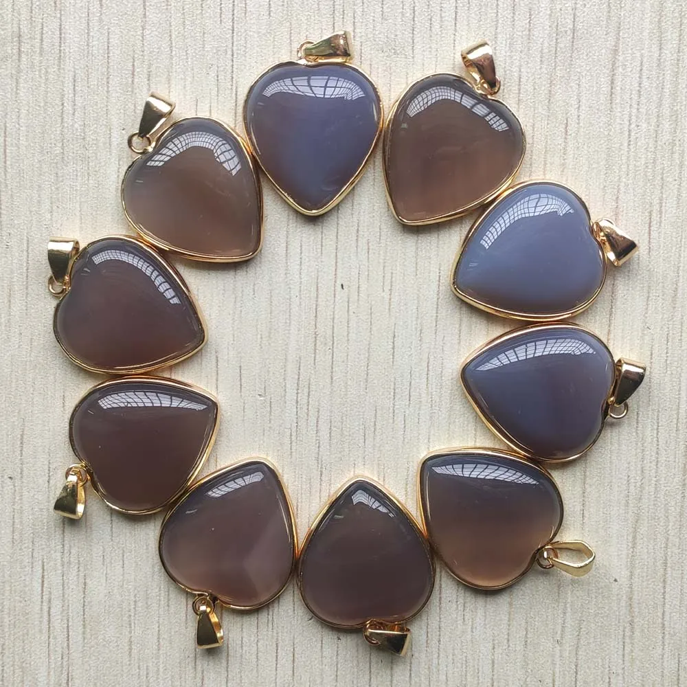 

Good quality Natural grey agate gold-plate side heart stone pendants 25mm for jewelry making free shipping wholesale 10pcs/lot