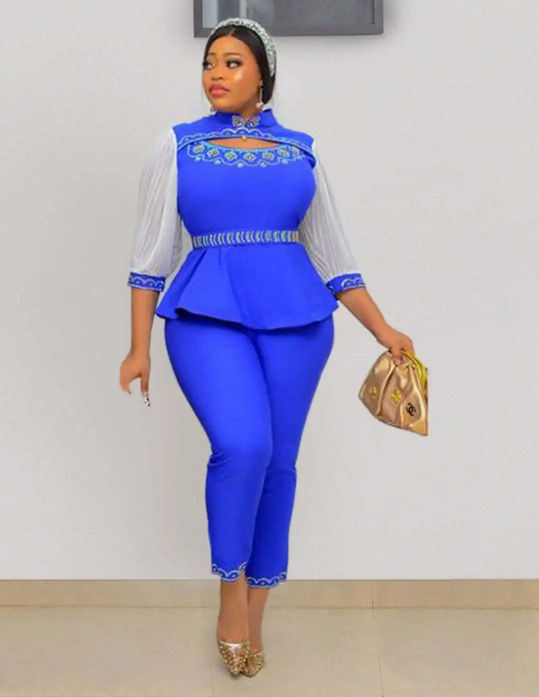 

2022 Spring African Women O-neck Yellow Blue Two Pieces Sets Top and Long Pant African Clothes Women African Suit