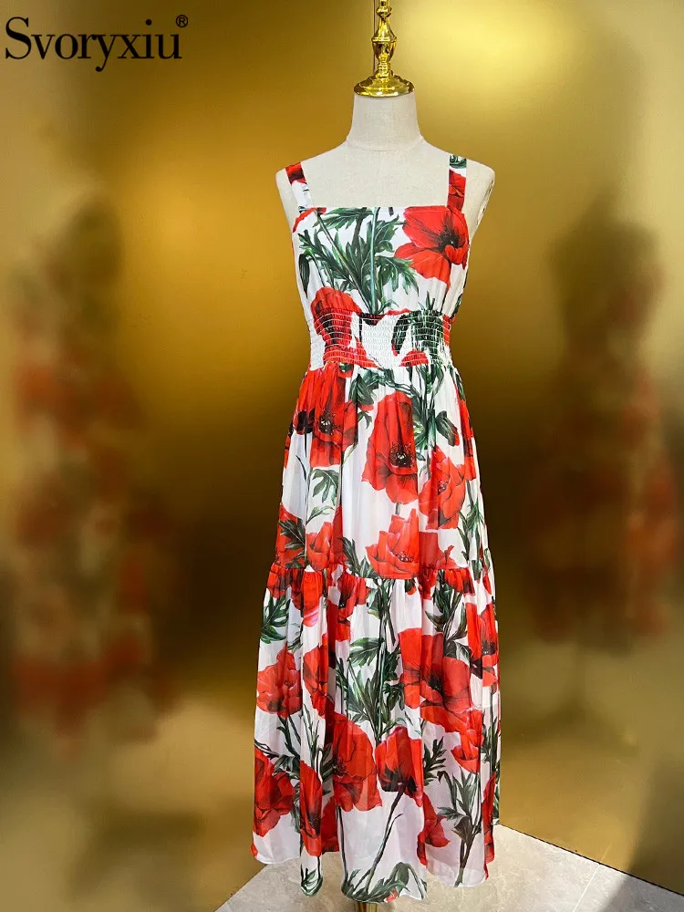 Svoryxiu Runway Fashion Summer Vintage Flower Print Spaghetti Strap Mid-Calf Dress Women's Square Collar Elastic Waist Dress