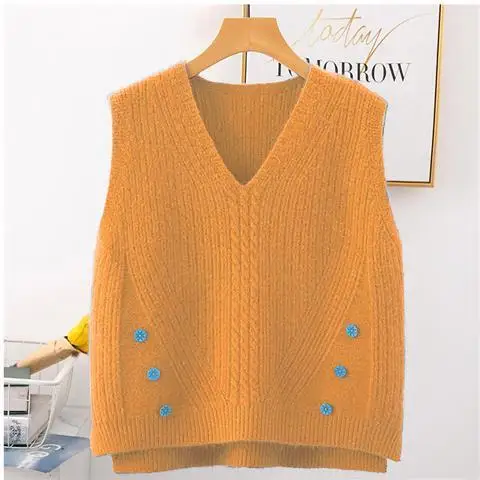 

Yellow 2022 Spring Autumn Women's V-neck Girls' Sweater Vest Loose Knit Outer Wear Leisure Student Coat Top Cloth for Women Girl
