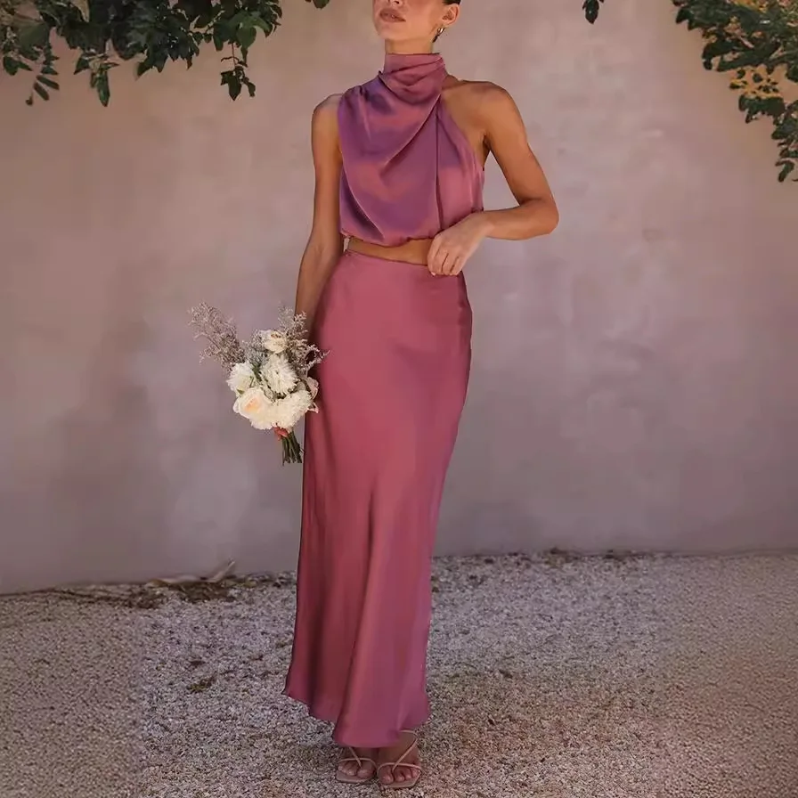 Комплект из двух предметов для женщин атласные длинные юбки миди без рукавов с