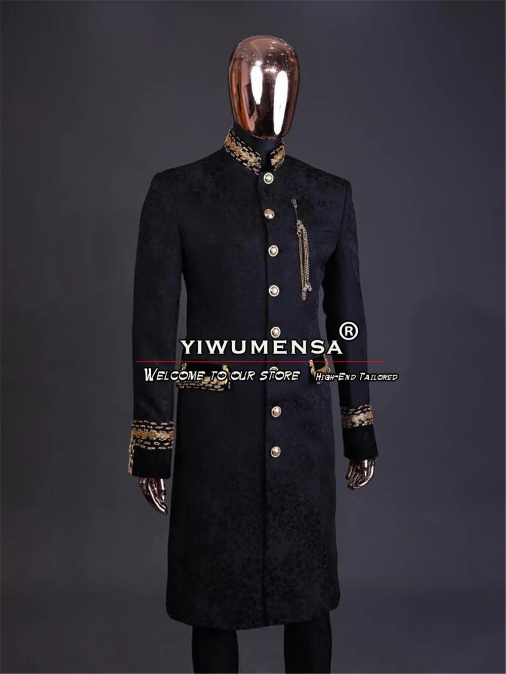 Женское шерстяное пальто однобортное длинное с золотыми бусинами