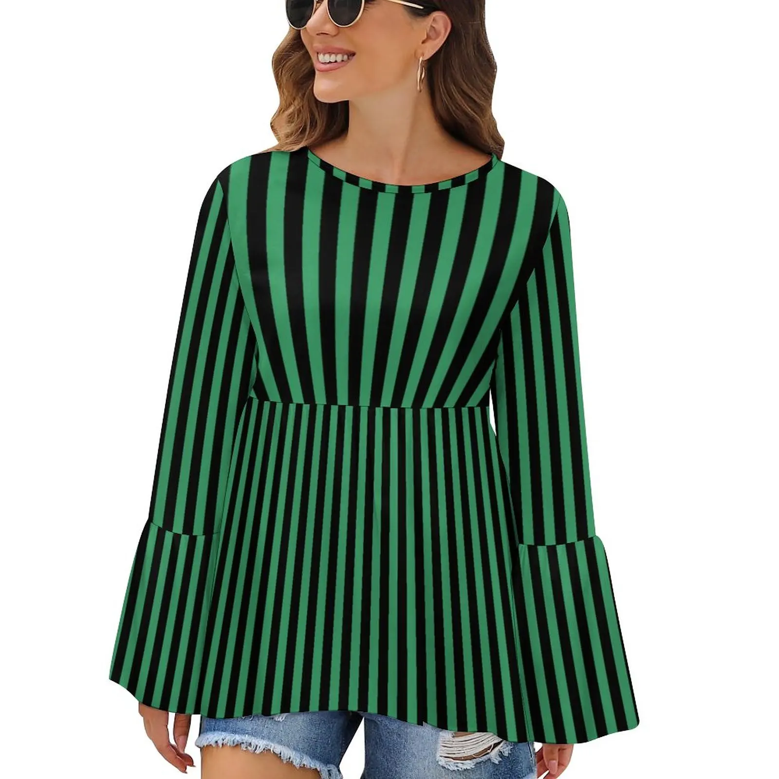 

Candy Stripes T Shirt Green and Black Line Korean Fashion Long Sleeve T-Shirts Print Modern Tee Shirt Summer Tees Large Size