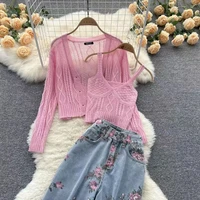 large size womens summer suit womens 2022 new age reducing pink knit top halter jeans three piece overalls