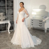 jiayigong vintage lace wedding dresses plus size deep v neck illusion long sleeves applique mermaid bridal gown for women bride