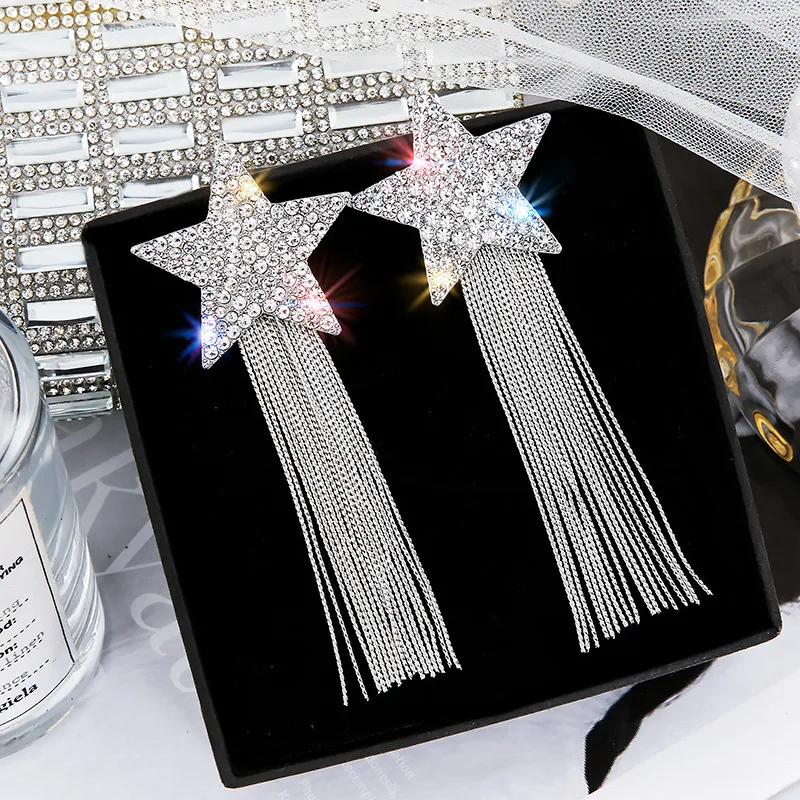 

Fashion Brand Design Spicy Europe Advanced Sense Earring Rhinestone Pentagram Star Chain Tassel Earrings Hyperbole Long Pendient