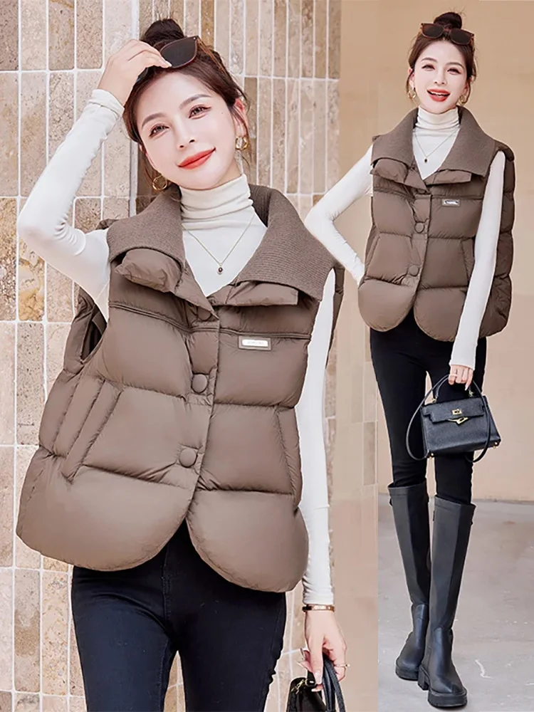 Maillard Sle down Cotton-padded Vest Women Autumn and Winter New Warm Lapel Outerwear Sleeveless Waistcoat Cardigan Top