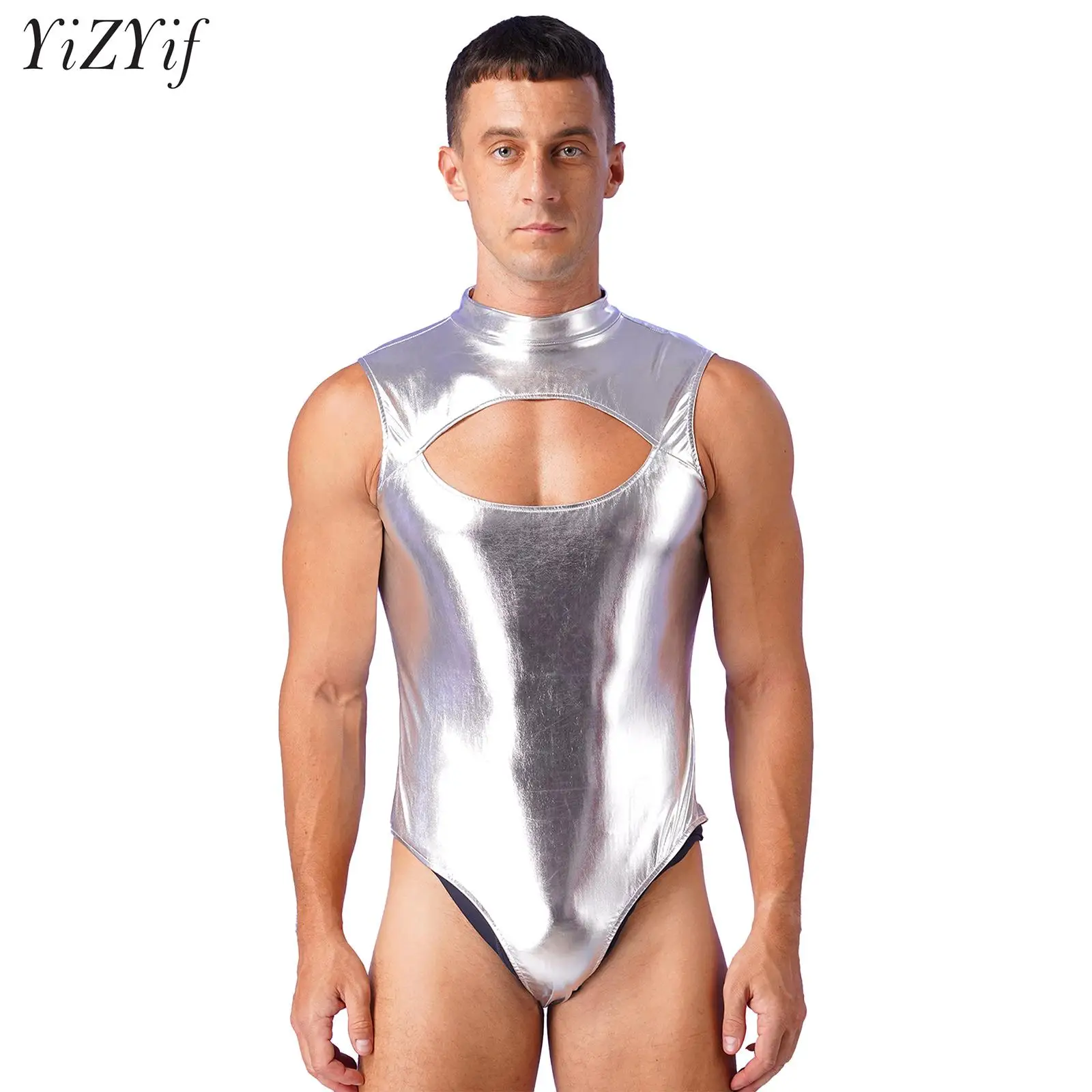 

Men Metallic Front Cutout Bodysuit Swimwear Shiny Mock Neck Sleeveless Catsuit Zipper Back Leotard Nightclub Performance Costume