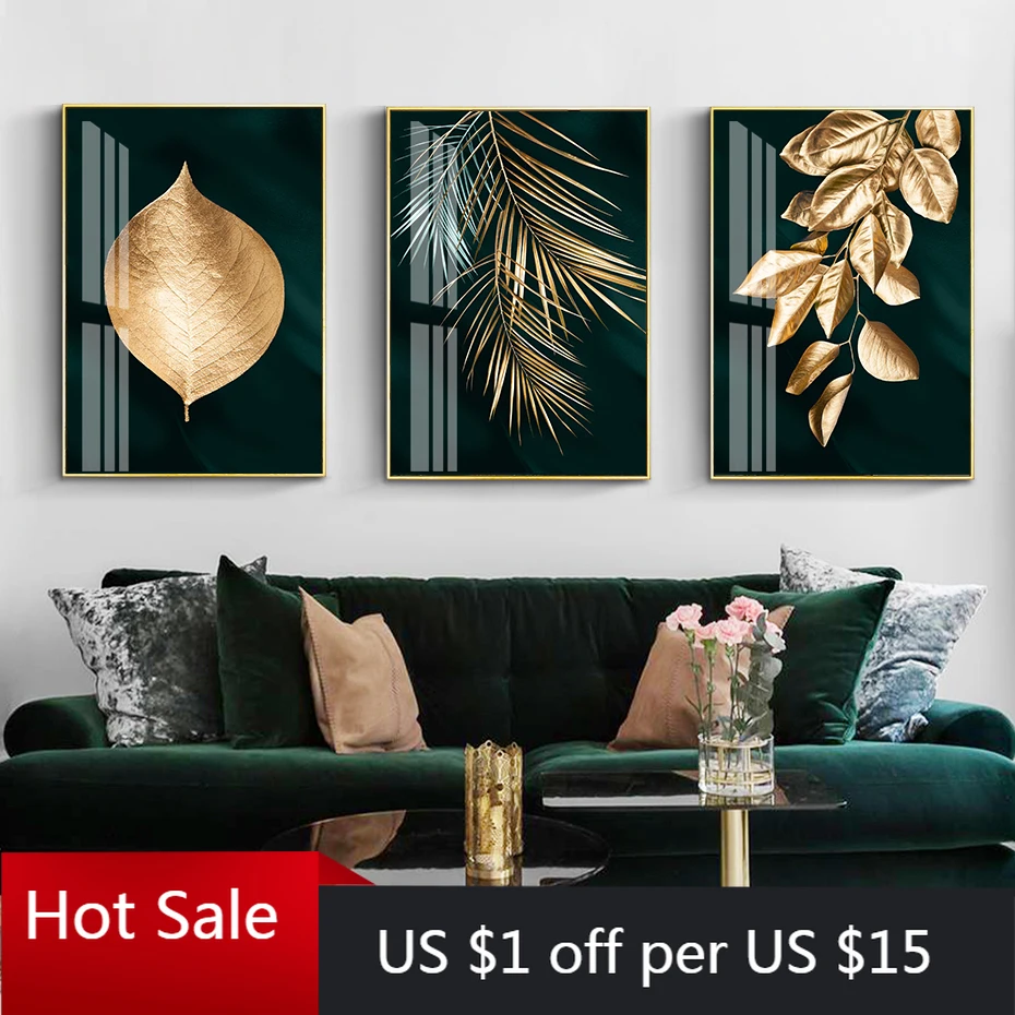Современный темно-зеленый фон Золотые листья печать на холсте картина стену