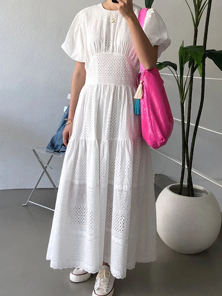 

Платье с высокой талией, легкое, знакомый стиль, с круглым вырезом, тяжелая промышленная жаккардовая кружевная ткань, летнее платье с пышным...