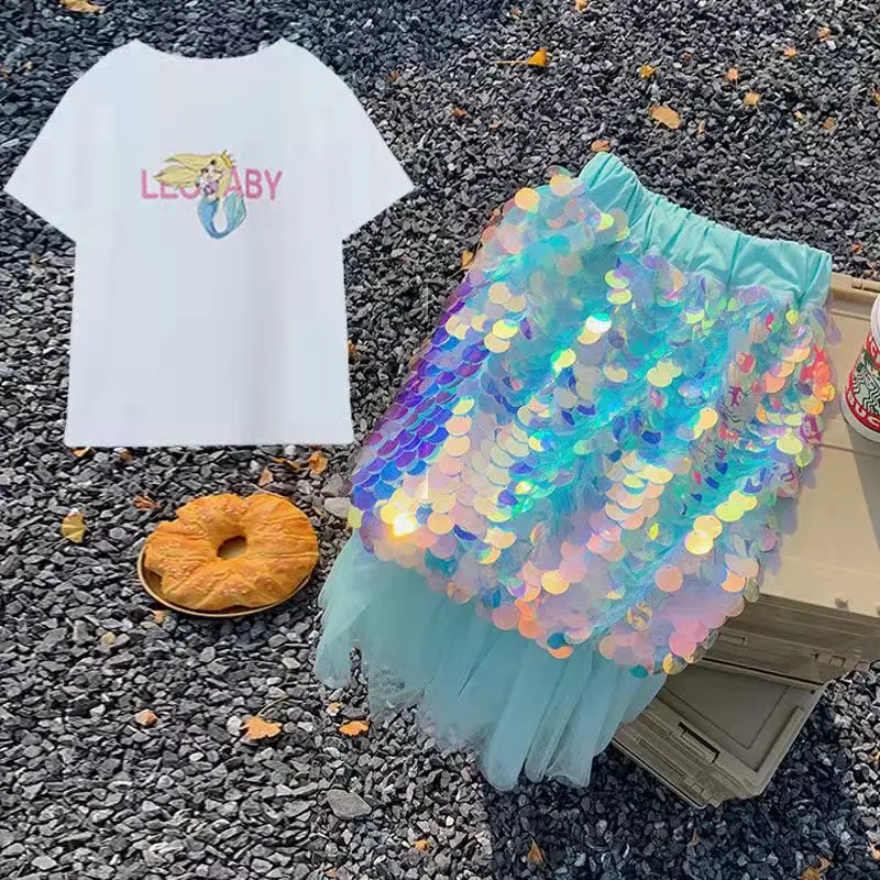 

Princess Sequin Skirt for Kids Girls Ariel Mermaid Tshirt