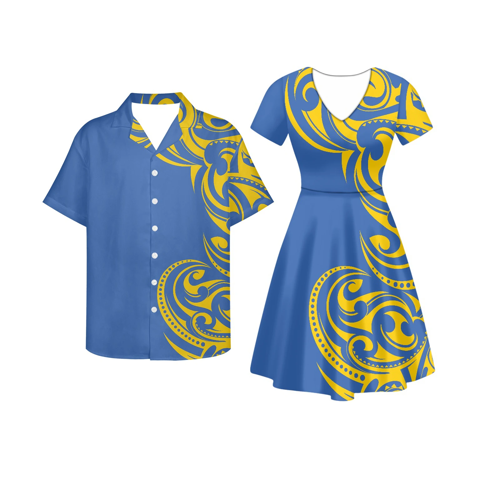 

Polynesian Tribal Pohnpei Totem Tattoo Blue Prints Couple Clothes Suits Women Dress Matching Men Shirt for Party Clothing Island