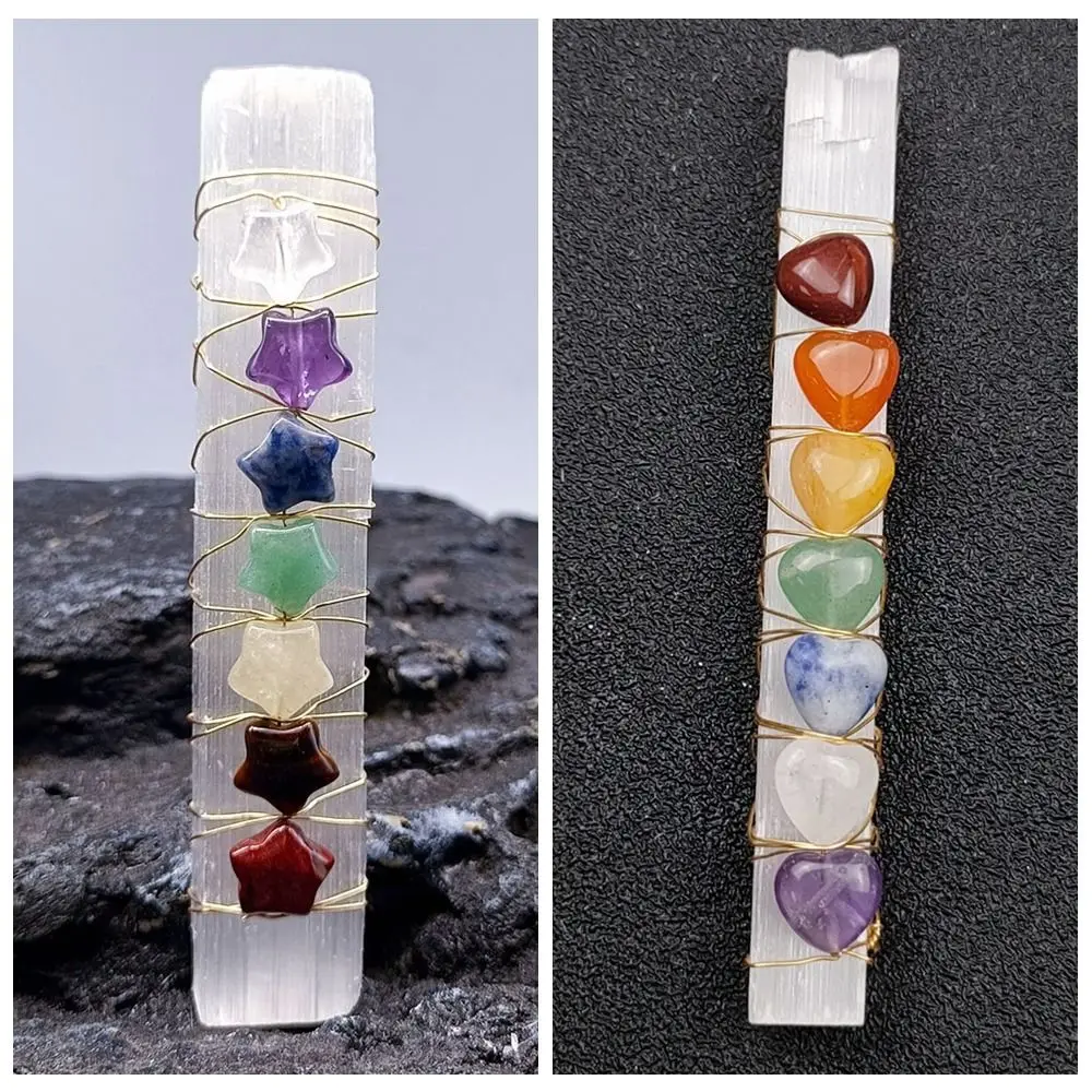 

Gift Crystal Healing Stone Heart Star Beads Reiki Energy Wand Natural Selenite Stick Seven Chakras Wire Wrapped