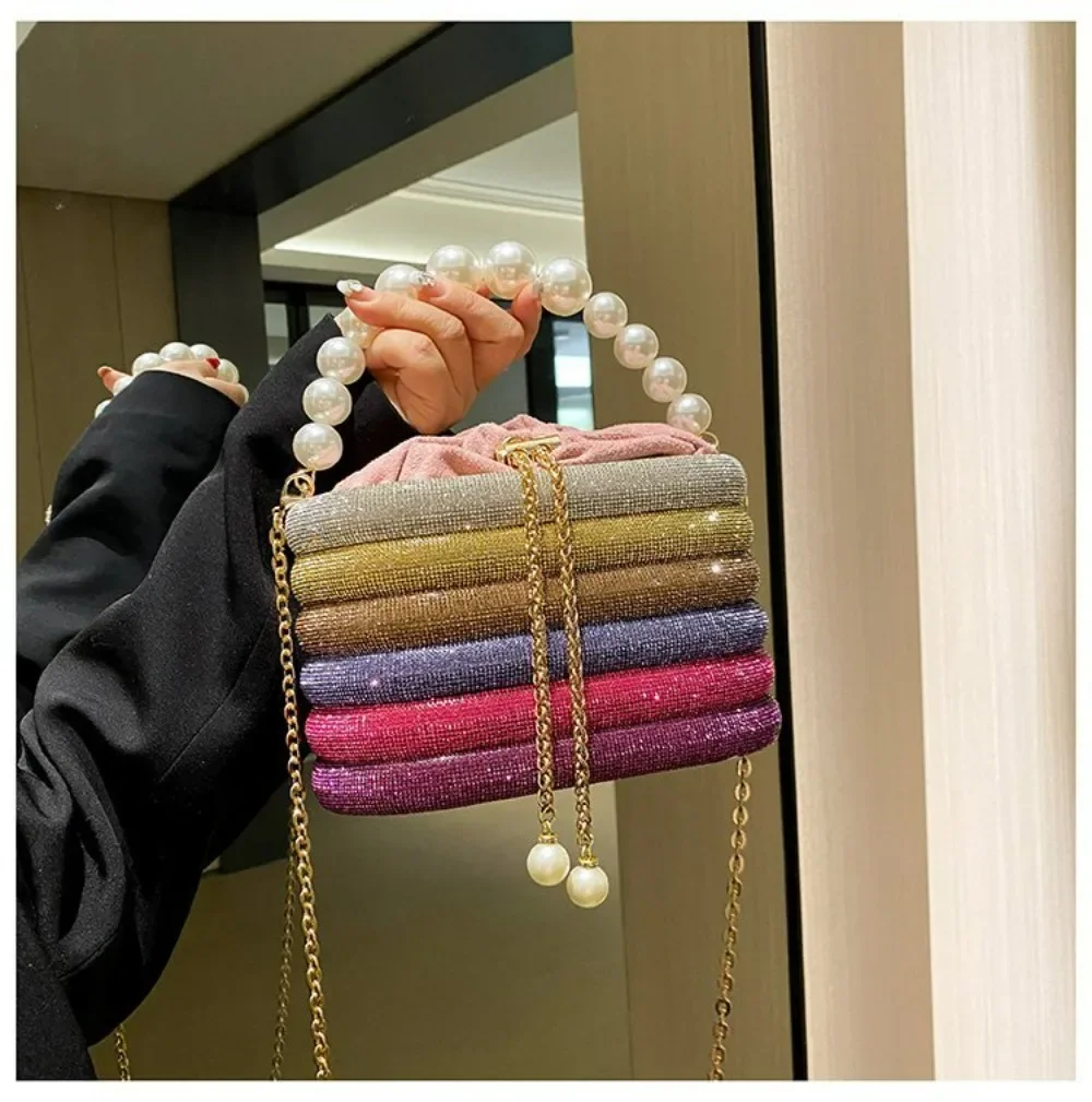 

2023 Fashion Evening Bag Metal Drill Diamond Rhinestone Pearl Clutch Chain Shoulder Crossbody Bags For Women Party Clutch Bag