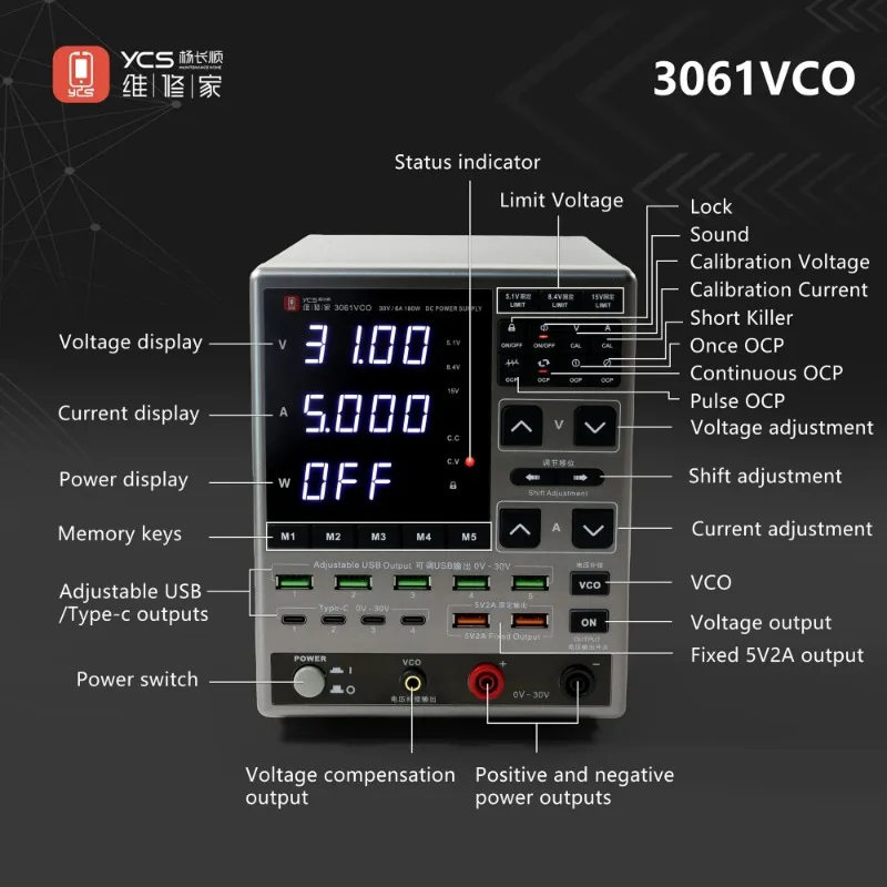 Фото YCS 2025 Новейший регулируемый лабораторный источник питания 3061 VCO OCP DC с выходом 30В 6А, портами USB-A и Type-C для быстрой зарядки №4