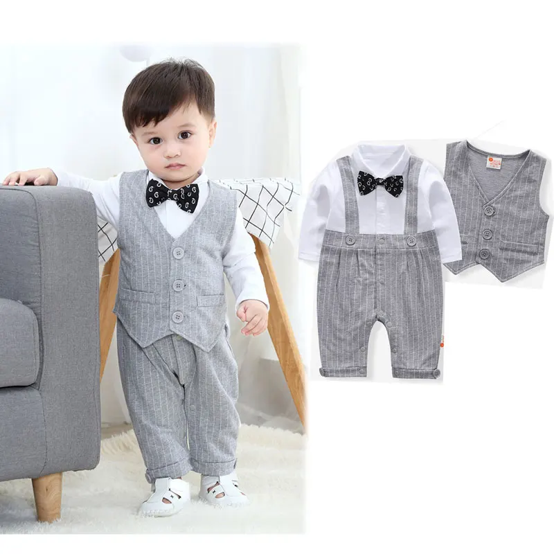 Baby Boy Outfit Gentleman Onesies with Vest Stripe Jumpsuit Newborn Photography Romper for Infant Birthday Wedding Formal Cloth