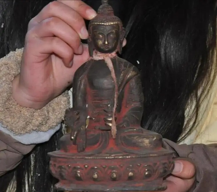 

8" Tibet ancient temple bronze Cinnabar Shakyamuni Shakya Medicine Buddha statue