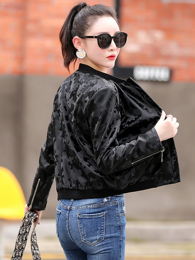 New Women Camouflage Leather Jacket Spring Autumn Casual Baseball Uniform Style Sheepskin Short Coat Loose Jacket Split Leather