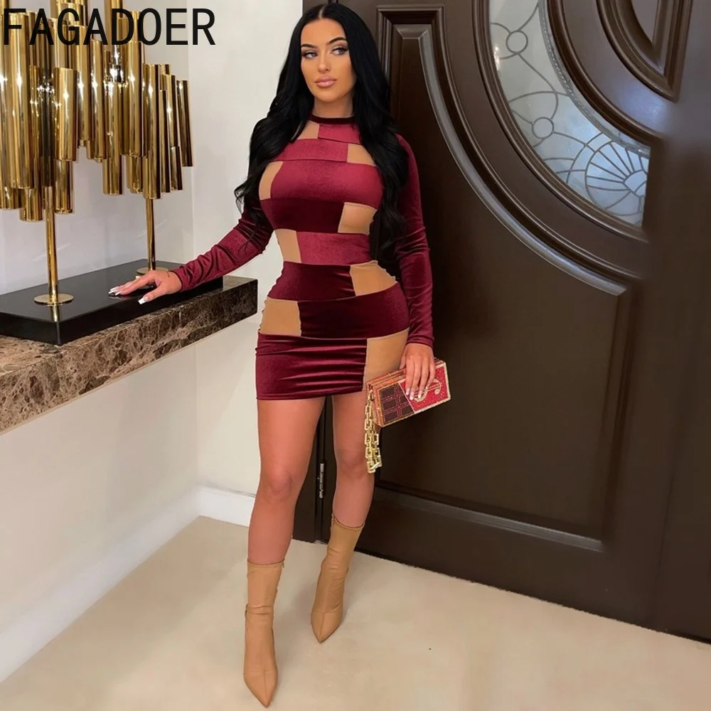 

FAGADOER Fashion Mesh Splicing Bodycon Dress Sexy Velvet Long Sleeve Slim Mini Dresses Summer Women Club Party Clothing Vestidos
