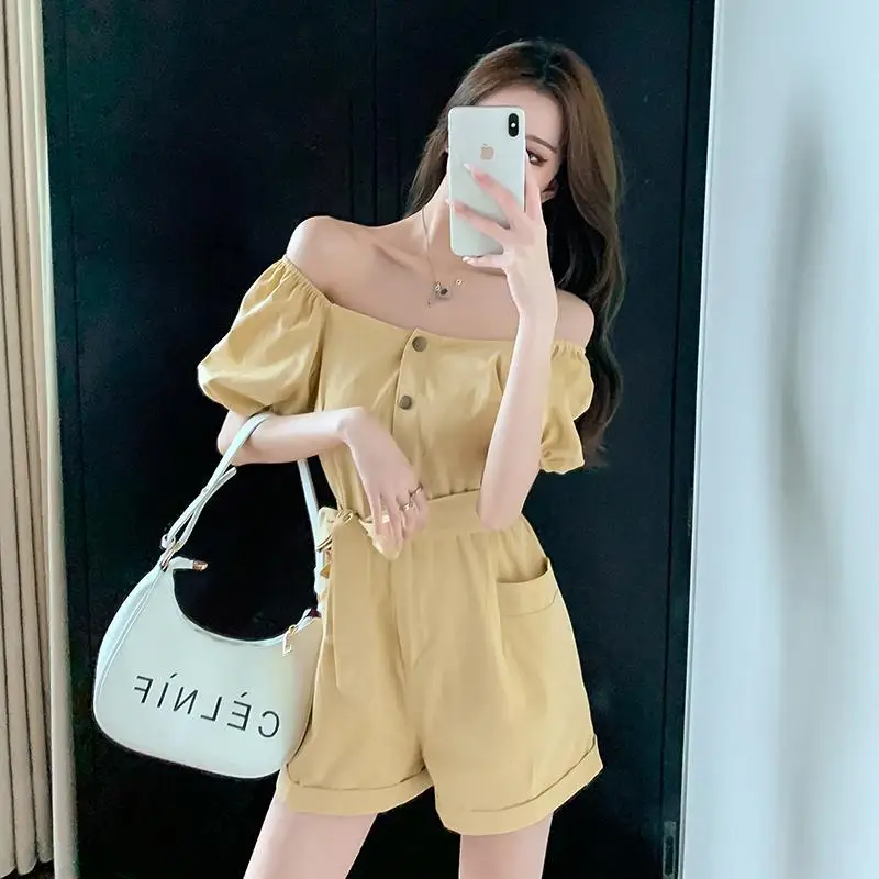

Women 2022 Summer Off Shoulder Casual Solid Jumpsuit Female Puff Sleeve High Waist Rompers Ladies Elegant Wide Leg Bodysuit Q38