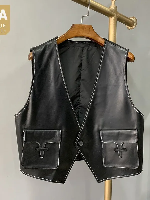 

Женская винтажная куртка из овечьей кожи, Повседневная безрукавка с V-образным вырезом, верхняя одежда на весну и осень, топы, Женский Повсед...