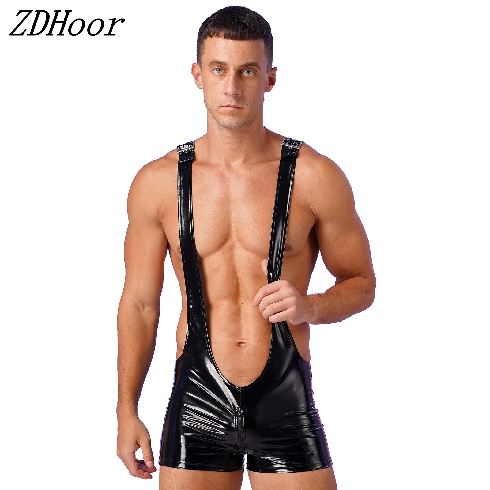 

Mens Glossy Patent Leather Overalls Bodysuit Adjustable Buckle Straps Zipper Crotch Suspenders Shorts Sailor Captain Lingerie