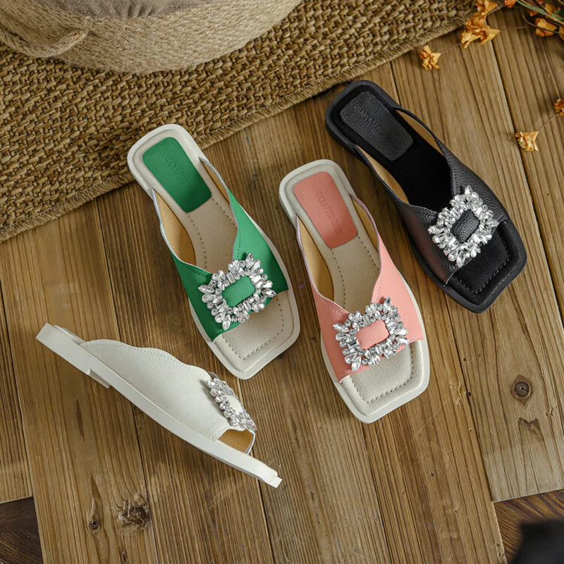 

Сланцы женские блестящие, однотонные кожаные, с металлической пряжкой, открытый носок, повседневные пляжные тапочки, лето