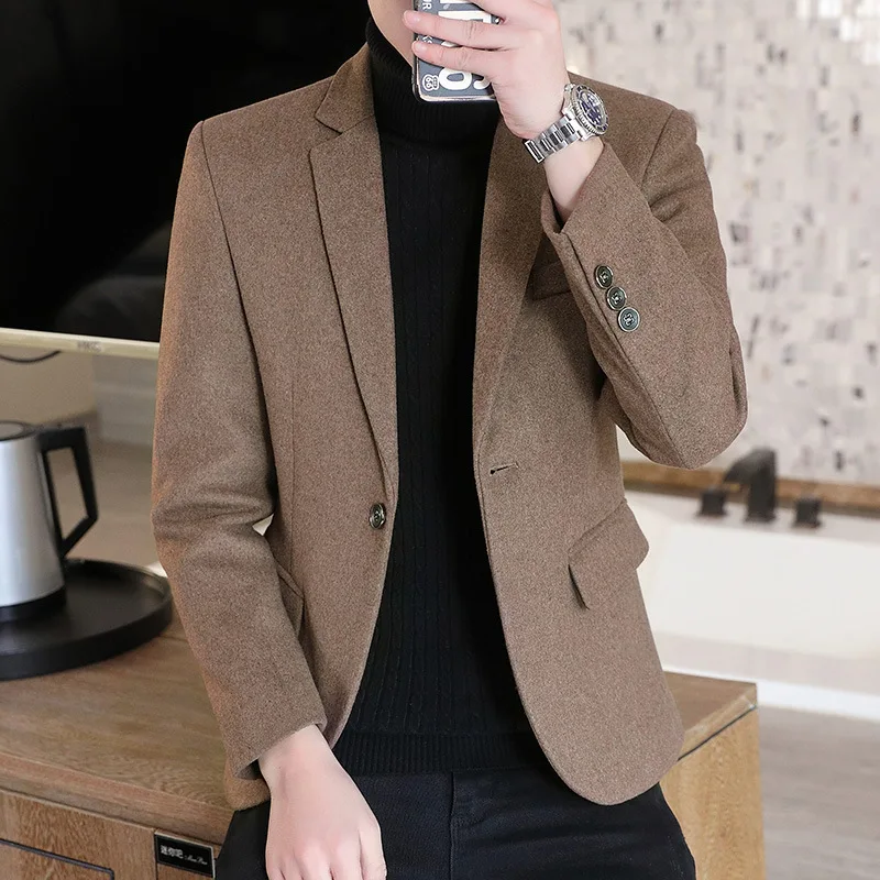 

HOO 2023 Men's Casual Woolen blazer Youth Solid Color Fashion blazer