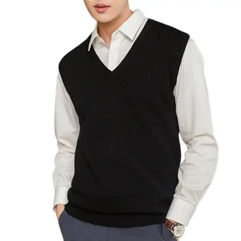 Sleeveless Loose Warm Sweater Vest Men Solid Color V-neck Pullover Knitted Vest Male Waistcoat